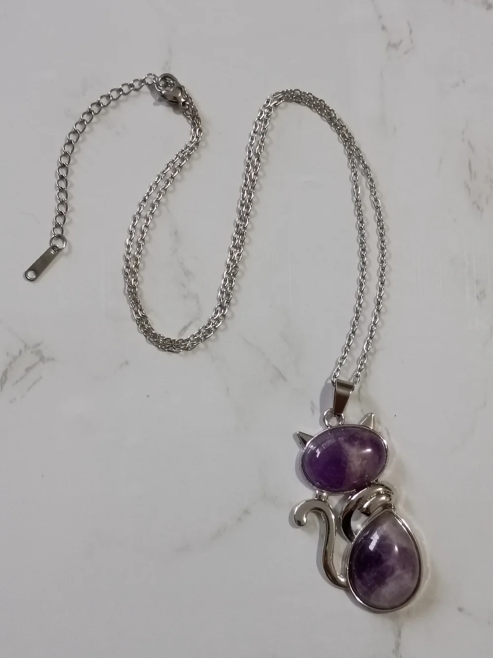 Amethyst Natural Crystal Gemstone Cat Pendant Necklace Stainless Steel 17-in